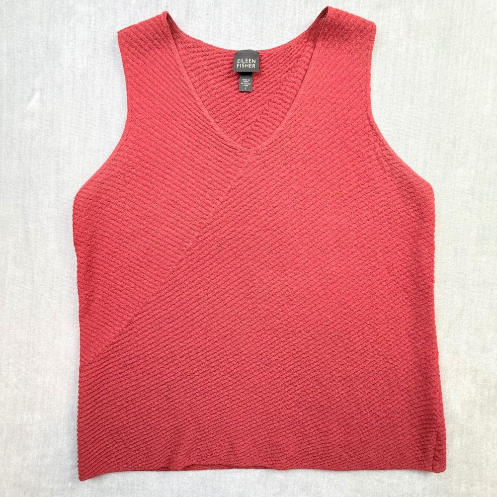 Eileen Fisher 100% Wool V-Neck Sleeveless Sweater Ribbed Knit Top Red Large